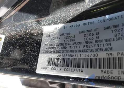 2020 Mazda Mazda3 Premium Package z USA, uszkodzony, nr VIN JM1BPBNM3L1154700